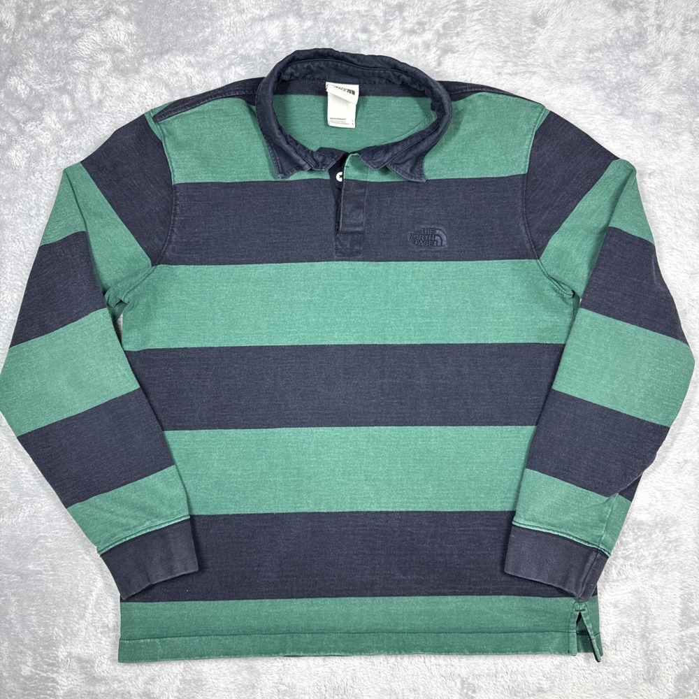 The North Face Polo Shirt Mens Large Green Navy Stripe Long Sleeve Rugby Faded